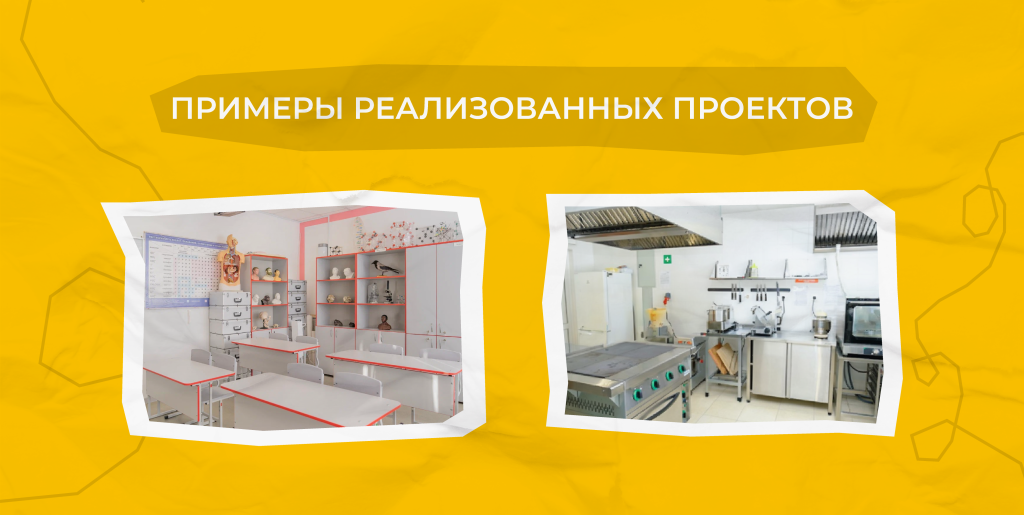 Пример реализованного проекта компанией Школьник. Оборудование для пищеблока, мебель для учебных кабинетов, учебное оборудование для классов, оснащение кабинетов по приказу 838.