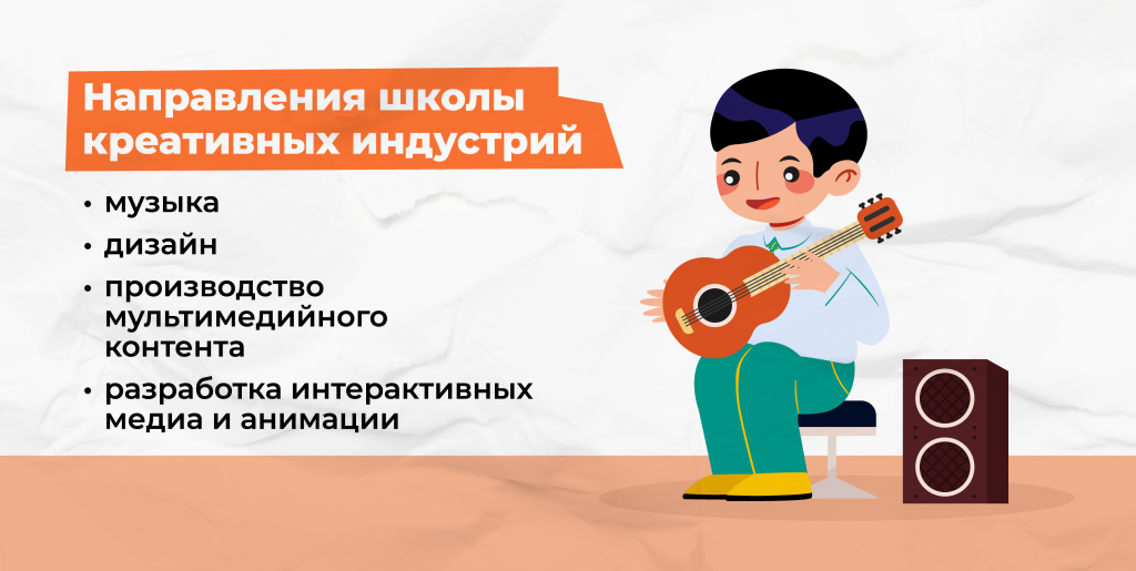 направления школы креативных индустрий: музыка, дизайн, производство мультимедийного контента, разработка интерактивных медиа и анимации